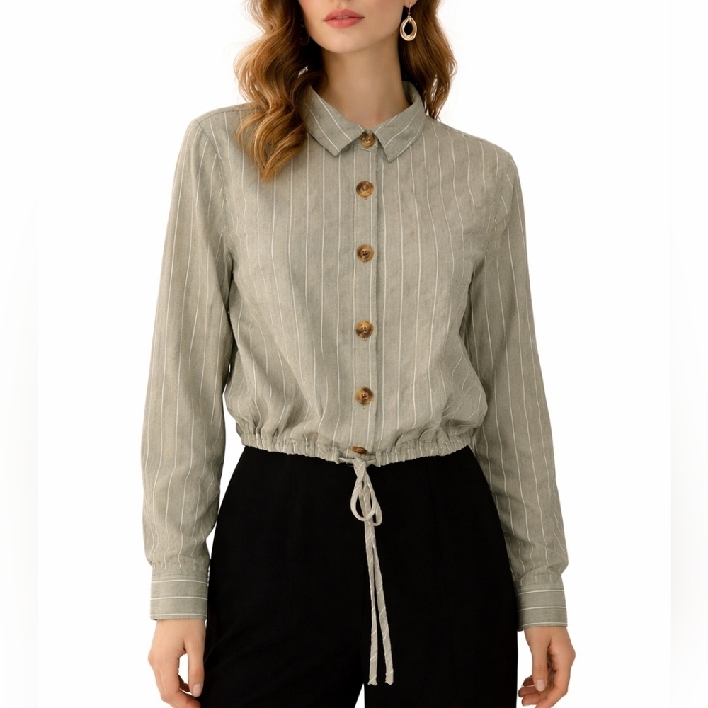 TIMING Sage Striped Drawstring Waist Button Down Long Sleeve Shirt
